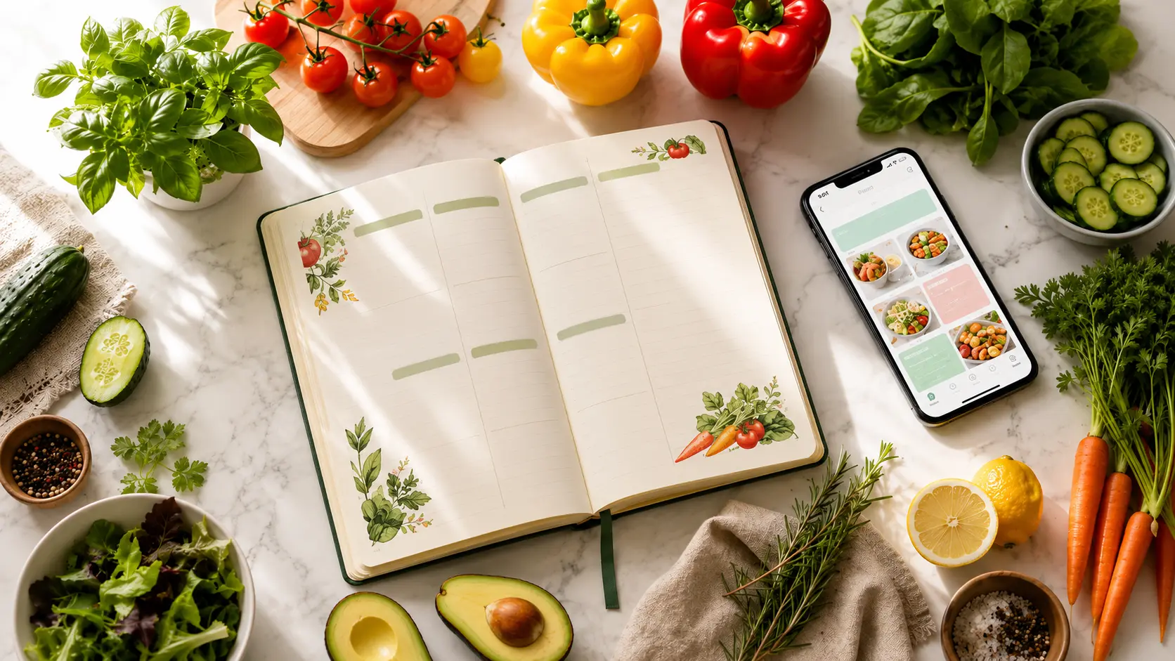 A weekly meal plan surrounded by fresh ingredients